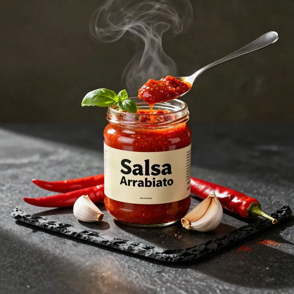 Barattolo di salsa arrabbiata con peperoncini, aglio e basilico su pietra nera.