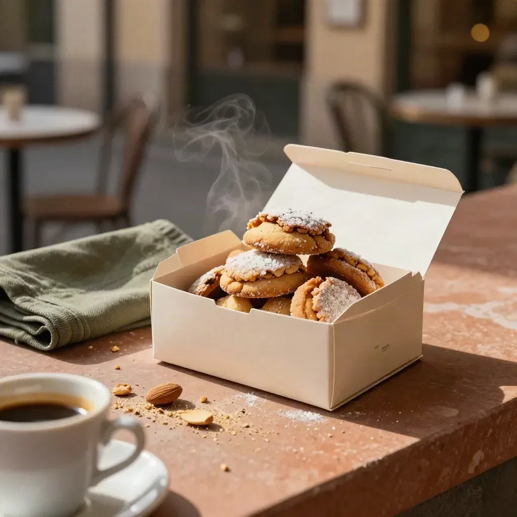 Scatola di amaretti morbidi aperta con caffè, briciole e luce calda su fondo terracotta.