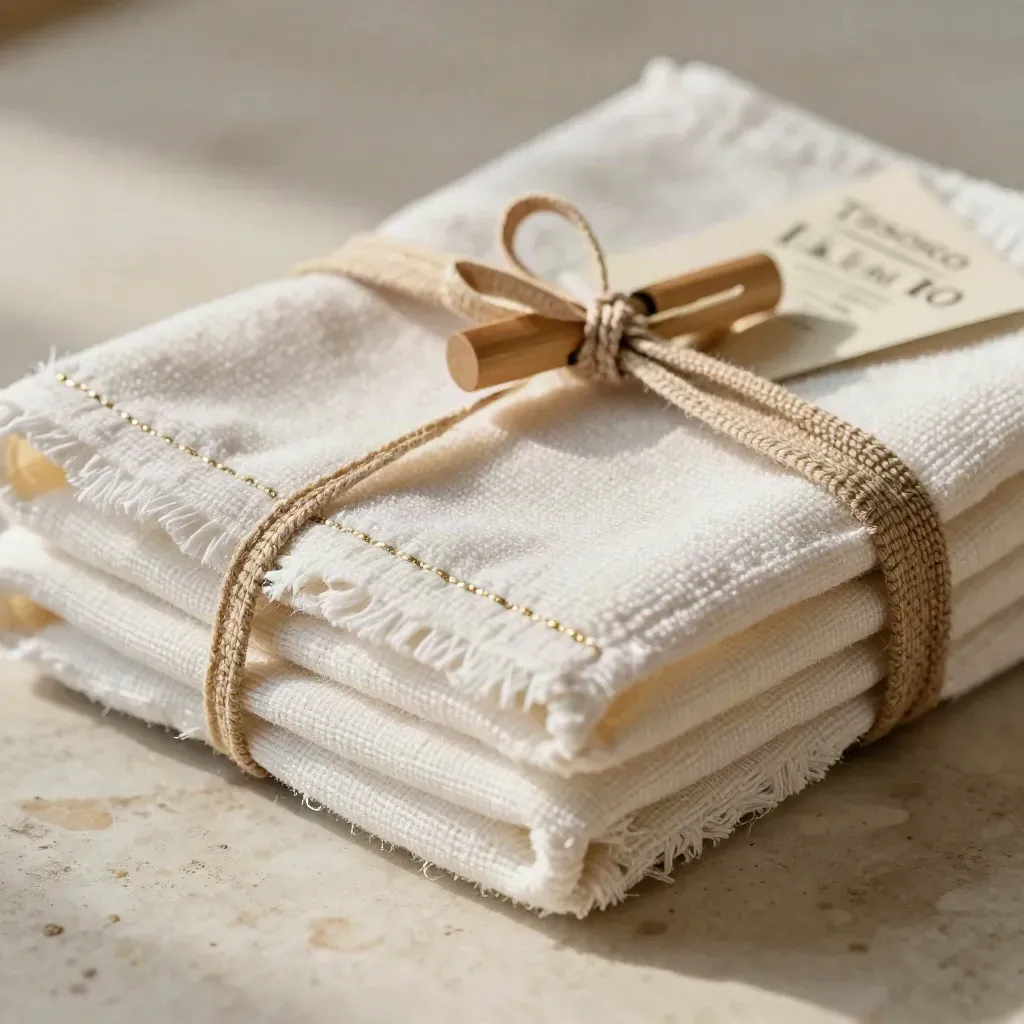 Due canovacci in cotone piegati con fermaglio in legno e laccio di lino, su travertino crema.