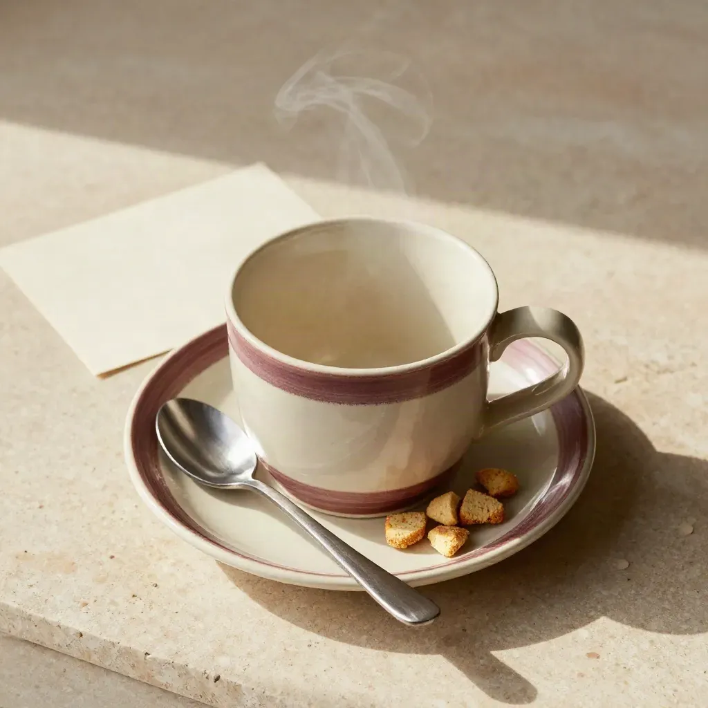 Tazza artigianale dipinta con piattino, cucchiaino e biscotti su pietra chiara