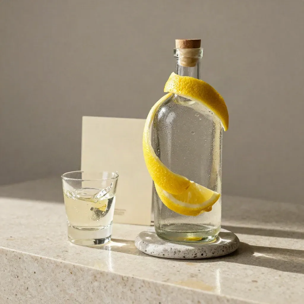 bottiglia di limoncello artigianale con scorza di limone e bicchiere su pietra, in vapore fresco