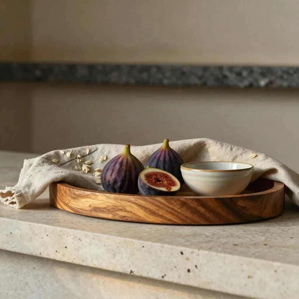 Vassoio in legno d’ulivo con lino, fichi e ciotolina ceramica su travertino.