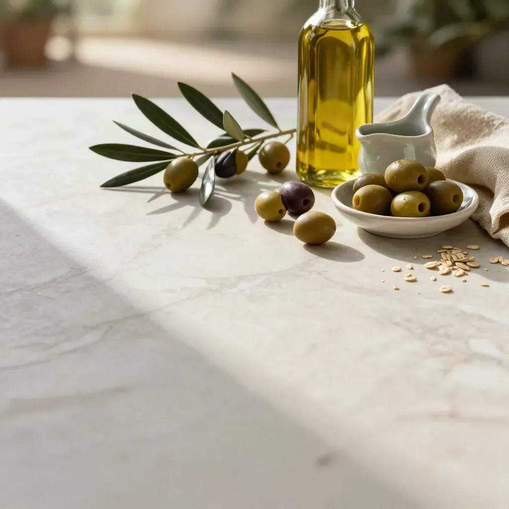Ramoscello d’ulivo, bottiglia d’olio, ceramiche chiare e marmo luminoso con terrazza sfocata.