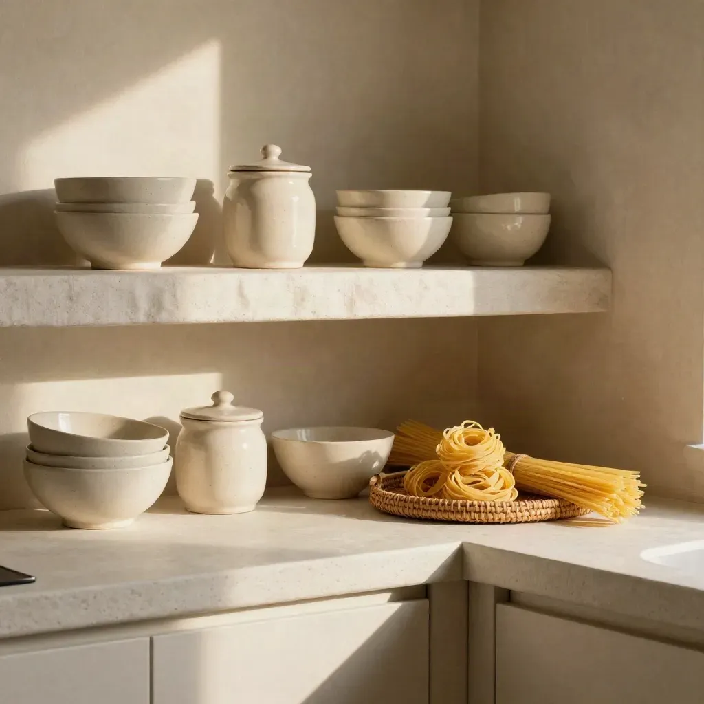 Angolo dispensa con pasta artigianale, salse in ceramica e luce calda su superfici neutre