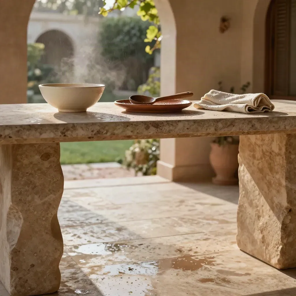 Loggia in pietra con ceramiche artigianali, tavolo in terracotta e luce dopo la pioggia
