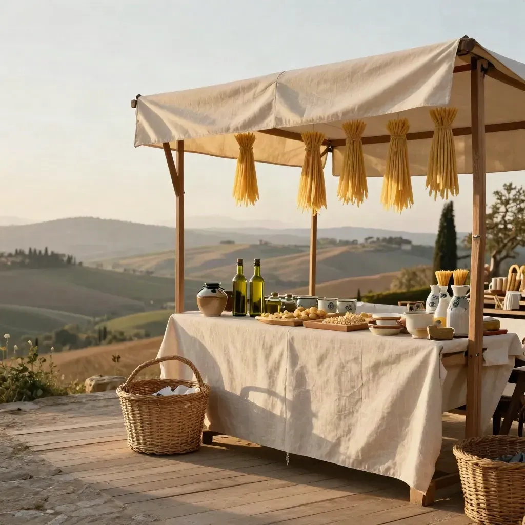 Terrazza di mercato toscana al tramonto con legno chiaro, lino e campi dorati