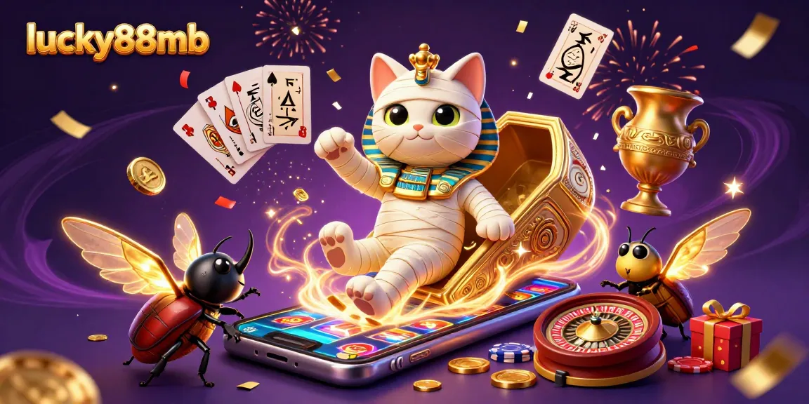 Experience the lucky88mb casino thrill with a vibrant mummy cat and scarab beetle!