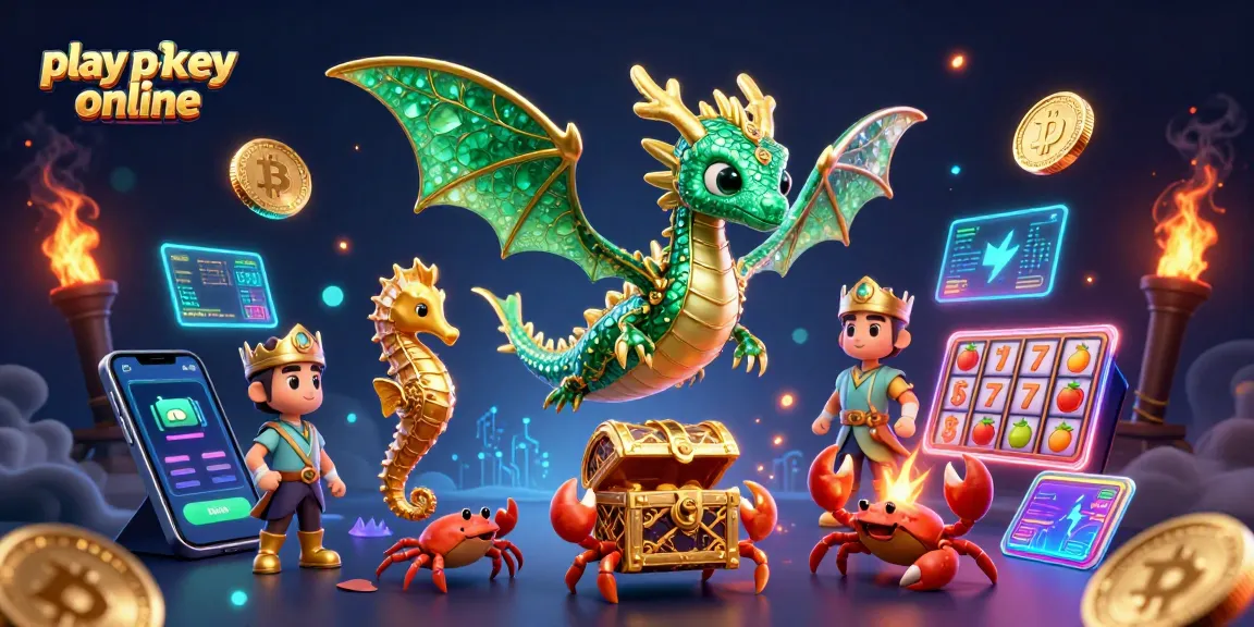 Play pokies online with vibrant 3D illustrations featuring a sea dragon, slot reels, and crypto elements.