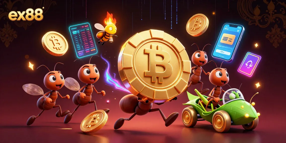 ex88 promotional illustration showing cartoon ants heisting a giant poker chip in a vibrant casino scene