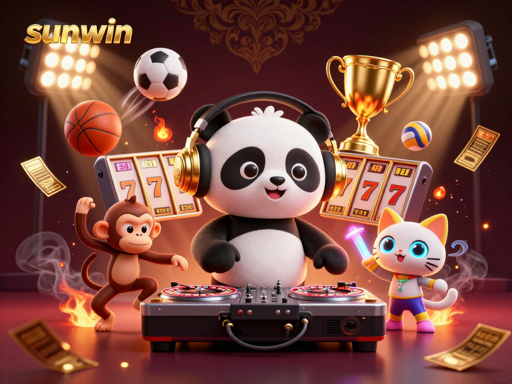 Experience dynamic gaming at Sunwin with a DJ panda, vibrant slot machines, and energetic atmosphere.
