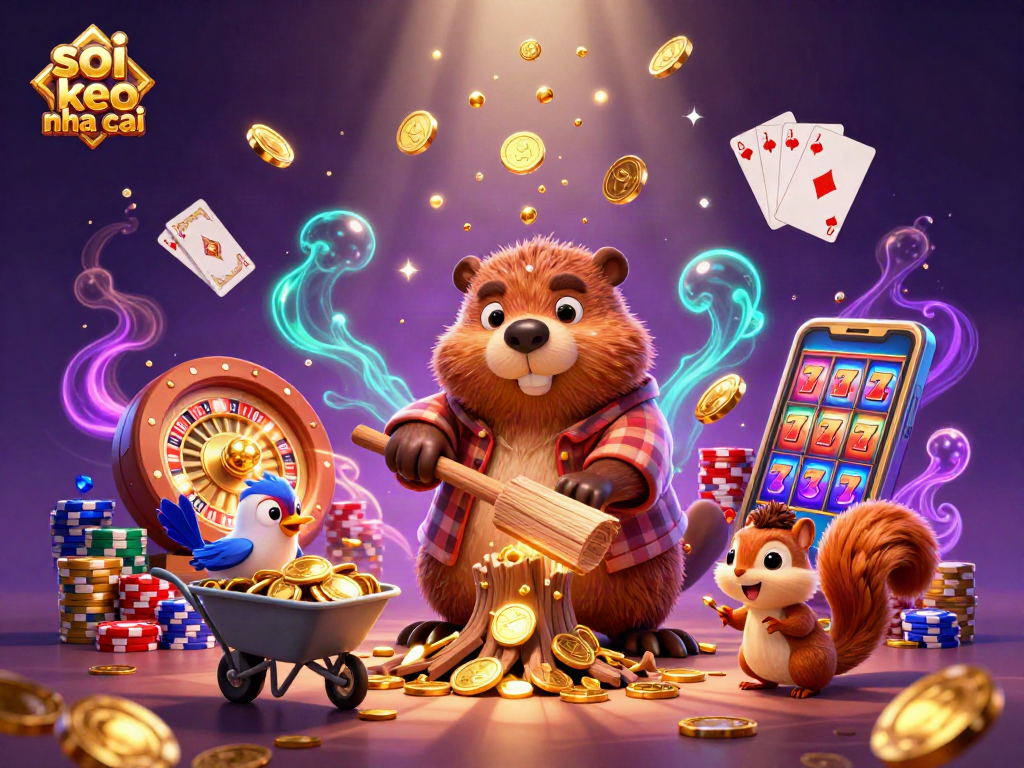 Experience the thrill of soi keo nha cai with a cartoon beaver collecting golden coins in a vibrant casino setting.