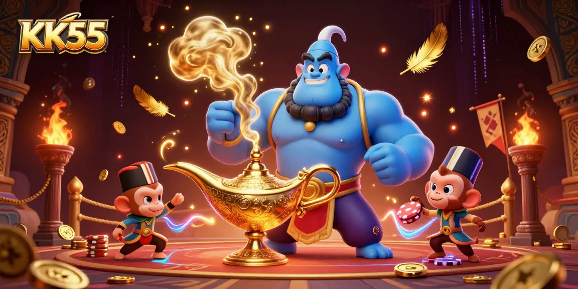 Bet big with KK55 in this vibrant scene featuring a genie, a monkey, and a magic carpet of poker chips.