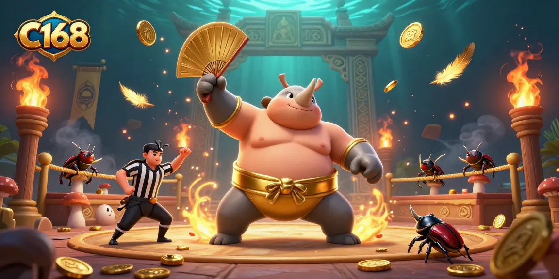 C168 players engage in thrilling bets with a dynamic cartoon scene featuring a rhinoceros beetle sumo champion