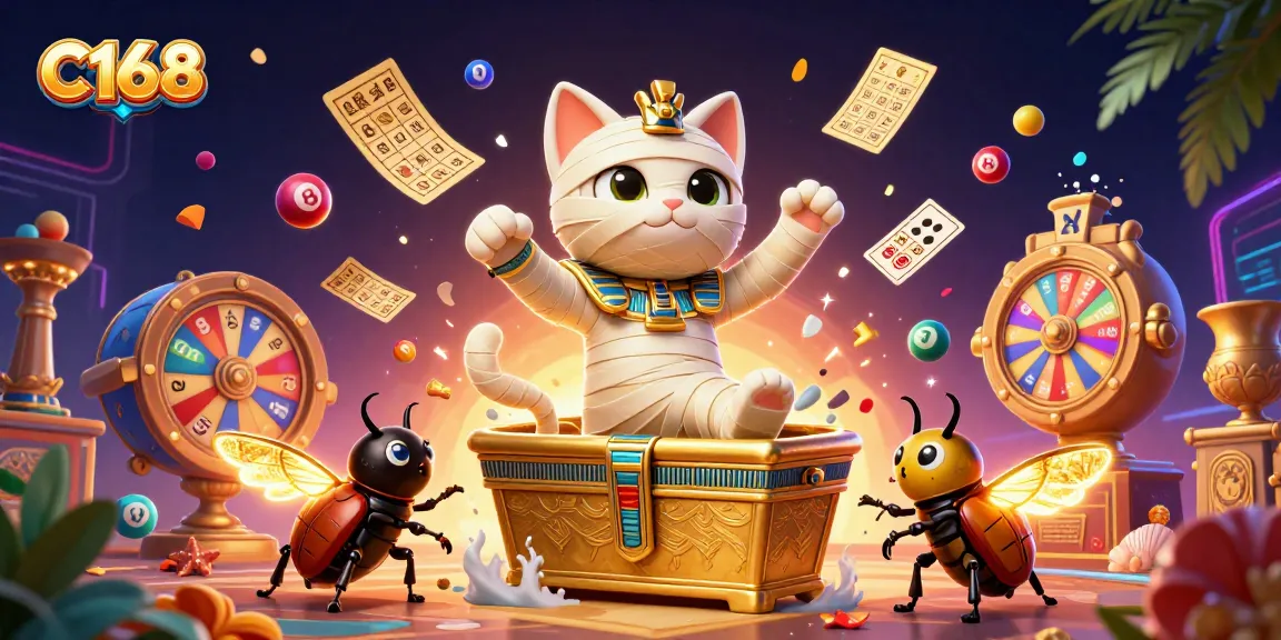 C168 delivers thrilling gameplay with a vibrant scene featuring an Egyptian mummy cat and colorful lottery elements.