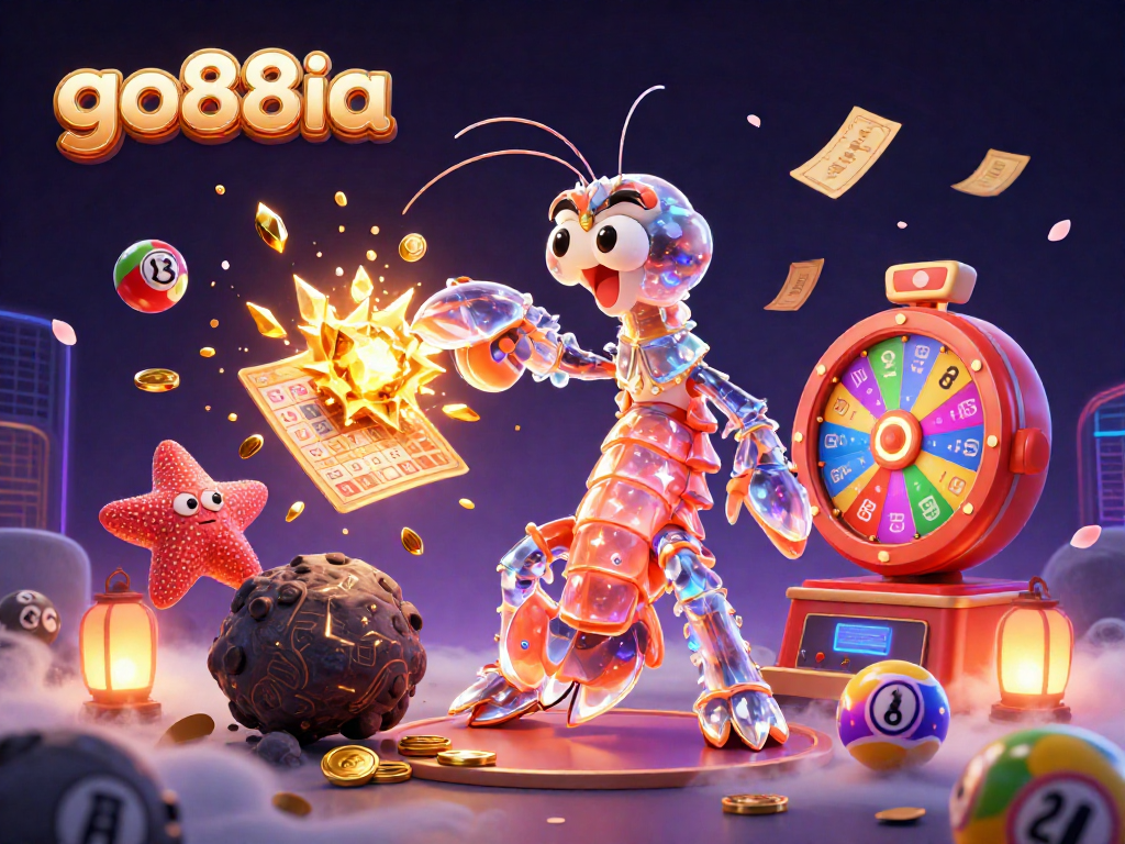 go88ia showcases a galactic samurai shrimp amidst casino elements like lottery balls and bingo cards, in an exciting illustration.