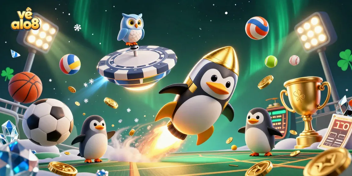 Engage with exciting gambling at về alo8, featuring a vibrant 3D penguin spaceship and casino elements.