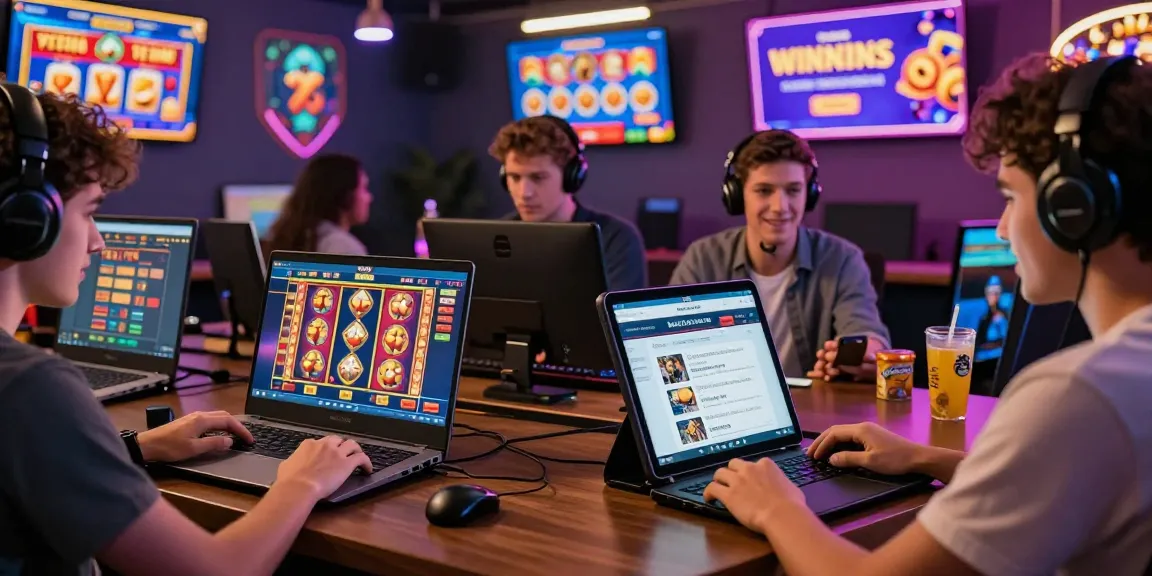 Scena entusiasmante di giocatori che esplorano la lista casino non aams su vari dispositivi in un'atmosfera di gioco colorata e invitante.