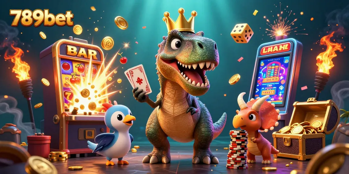 Experience thrilling games at 789bet with a playful dinosaur scene bursting with slot machine excitement.