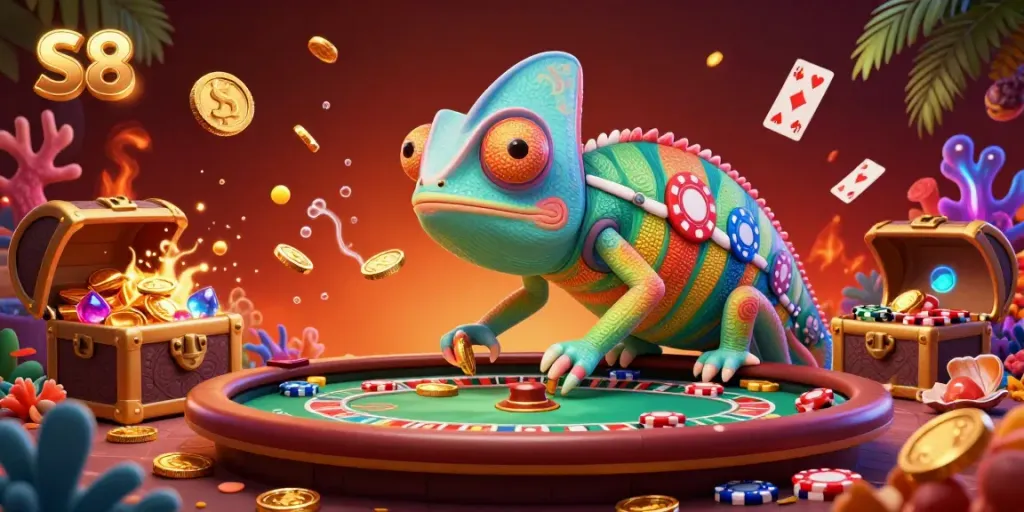 Experience the vibrant S8 chameleon casino owner dynamically engaging with the casino environment, snapping up gold coins.