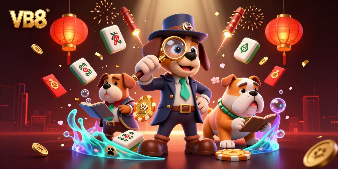 VB8 gaming scene featuring a detective bloodhound examining poker clues amidst rich casino elements.