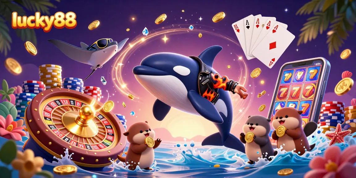 Engage with lucky88's thrilling casino adventure featuring an orca and otters amid sparkling treasures and games.