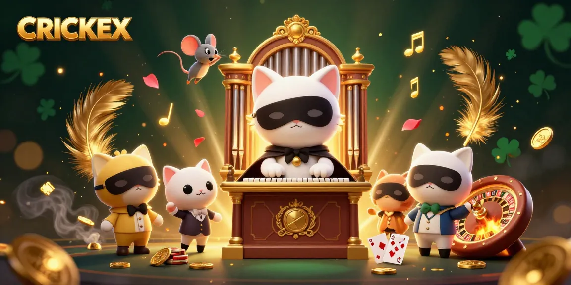 A dynamic scene featuring CRICKEX with a cat organist and mouse acrobat amidst casino elements like cards and coins.