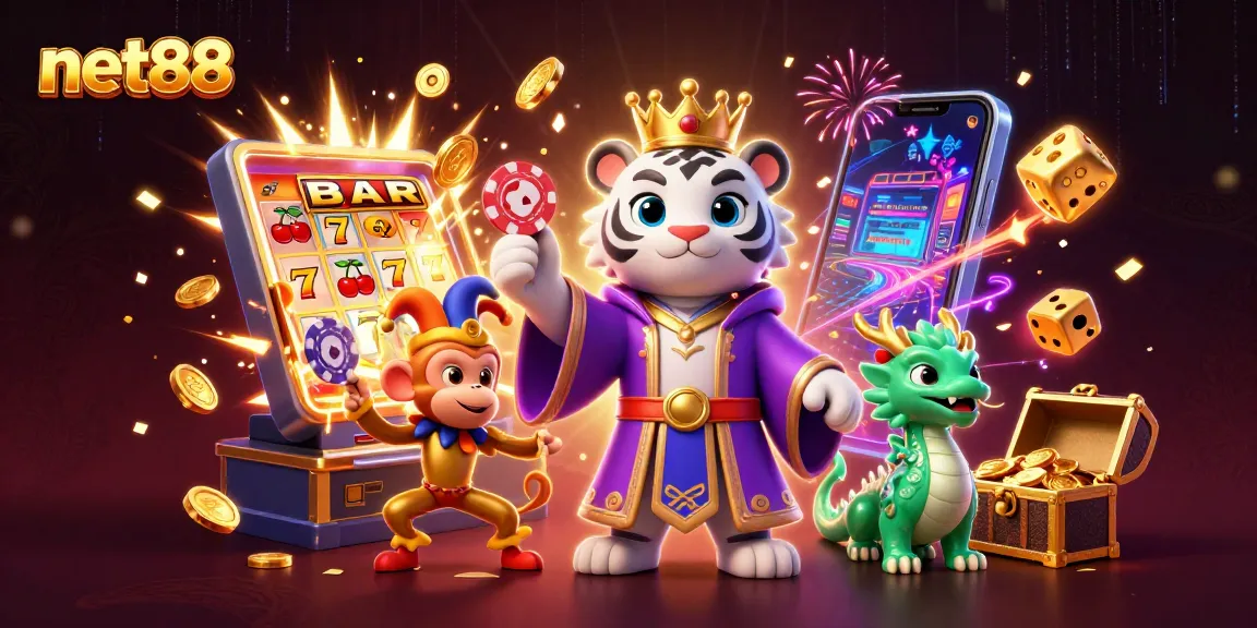 Engage with net88's thrilling casino action highlighted by a playful tiger and monkey, surrounded by vibrant slot elements.