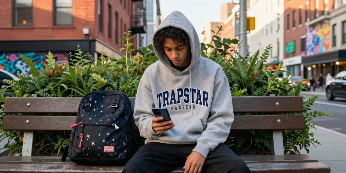 Felpa trapstar indossata da giovane in ambiente urbano con smartphone e zaino.