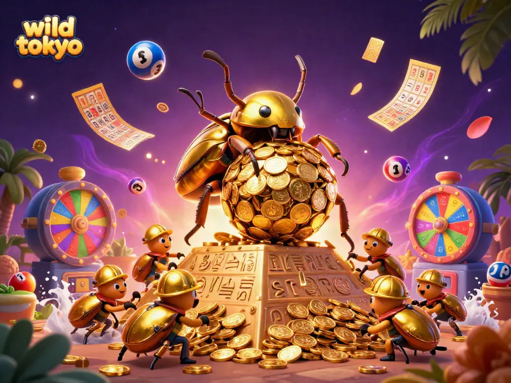 Engage with wild tokyo casino's vibrant energy in this dynamic 3D illustration featuring golden beetles and colorful game elements.
