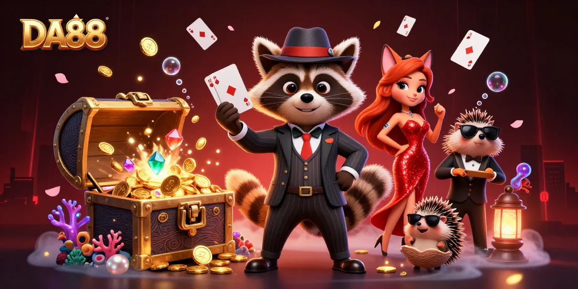 Experience the thrill of DA88 with our cartoon raccoon, winning big in a vibrant casino scene.