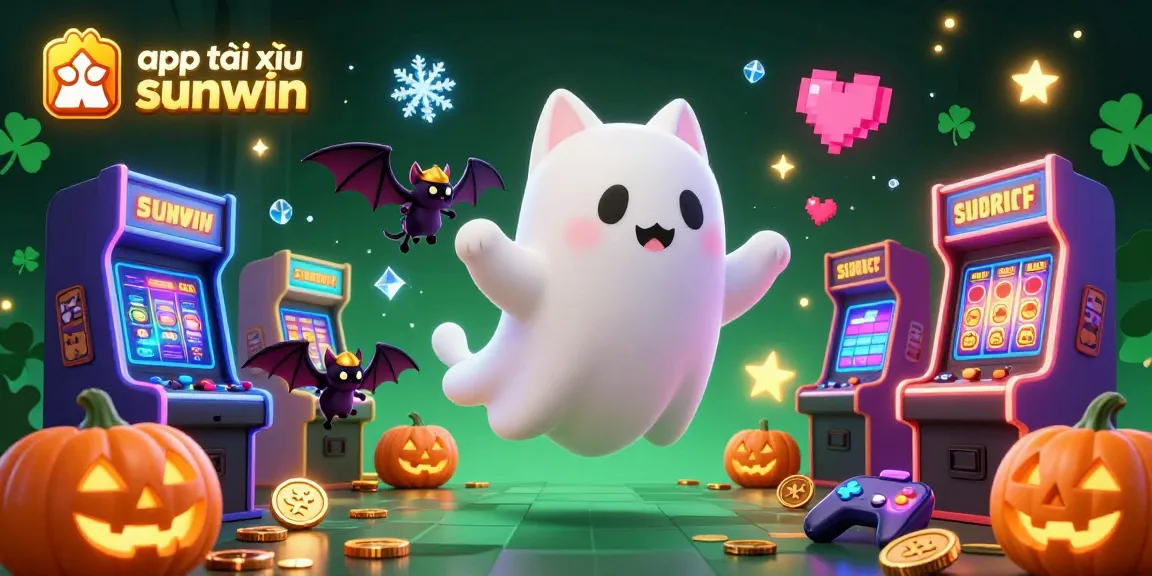 Playing app tài xỉu sunwin surrounded by a ghostly cat, bat, and glowing casino elements.
