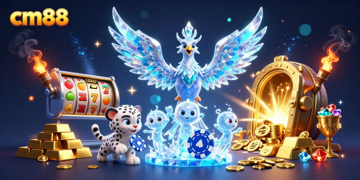 Engage with cm88's vibrant casino scene showcasing a fantasy phoenix, slot reels, and intricate treasures.