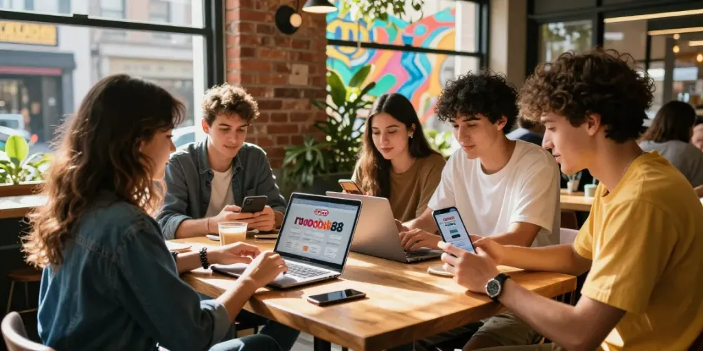 Youthful friends discussing rokok88 offers at a trendy café, showcasing lifestyle and promotions in an urban setting.
