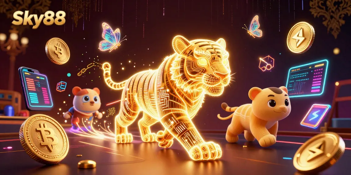Sky88 gaming experience illuminated by neon tiger and holographic elements amidst a digital casino.