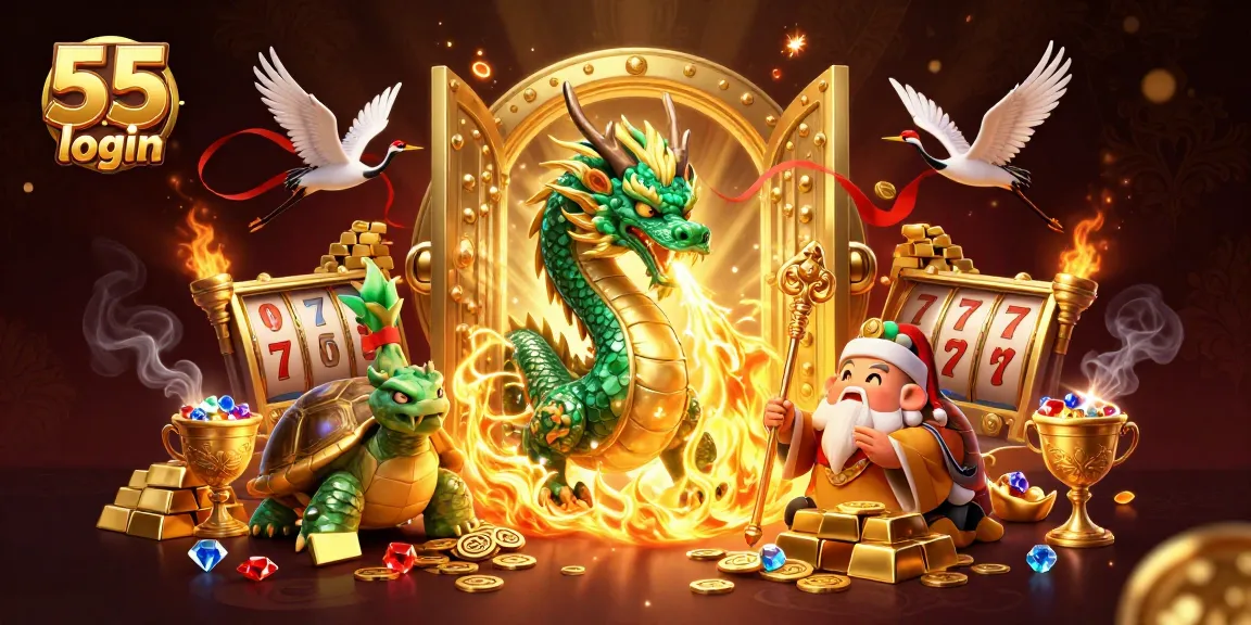 Engage with the thrilling 55 club login, featuring a vibrant 3D scene of a dragon and jade elements.