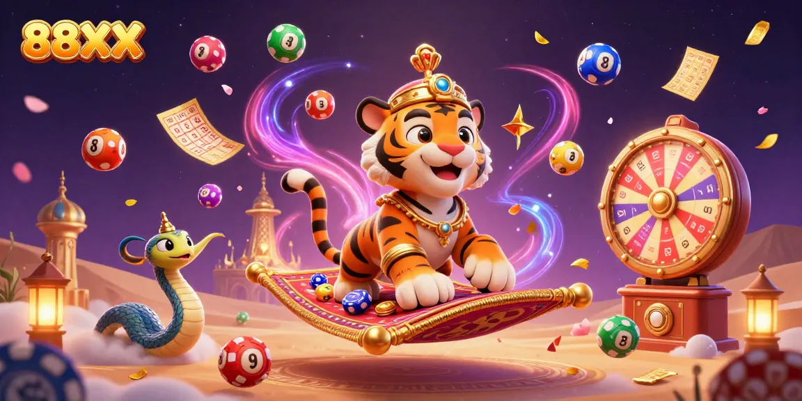 Experience the thrilling world of 88XX with vibrant lottery elements and enchanting characters.