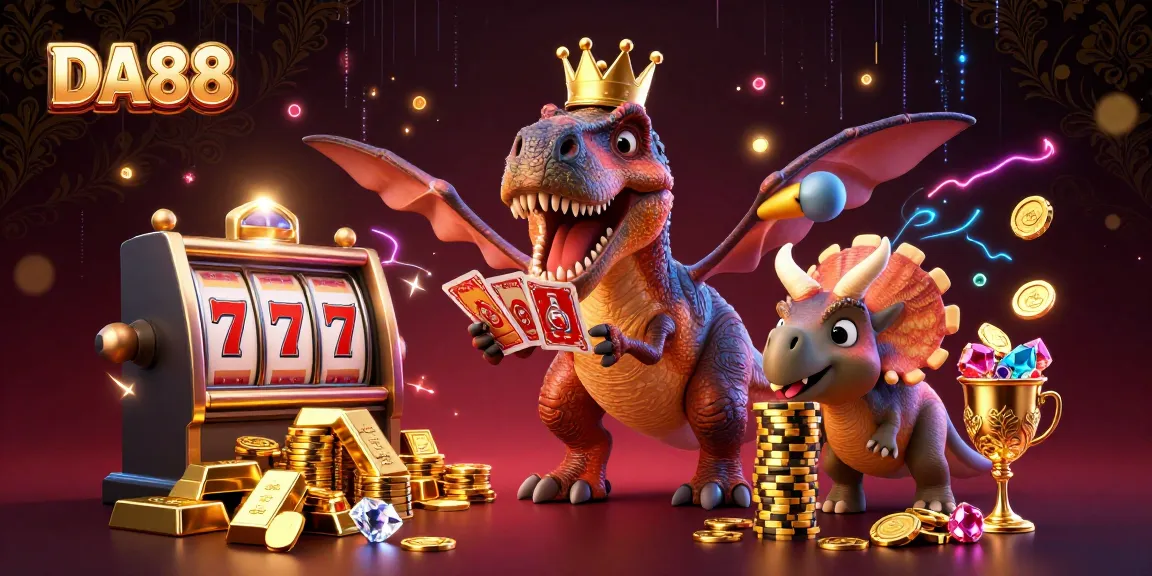 Experience DA88's vibrant casino scene with a T-Rex shuffling cards while surrounded by dazzling jackpots.