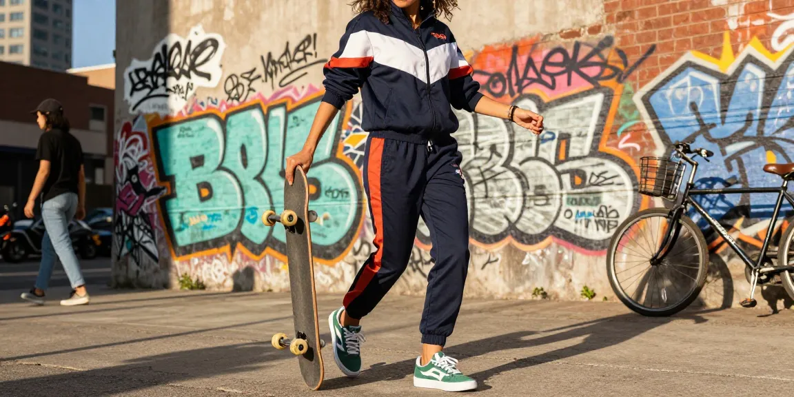 Momento di street style che mostra una tuta trapstar donna completata da elementi urbani.