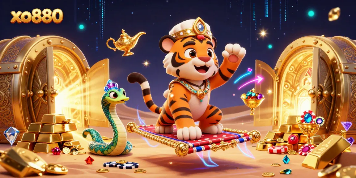 Experience the excitement of xo880 with a magical casino scene featuring a tiger sultan and treasures.