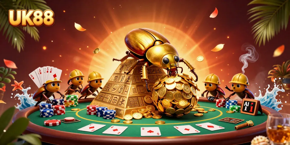 Experience UK88's vibrant casino action with golden beetles and poker elements in a dynamic scene.