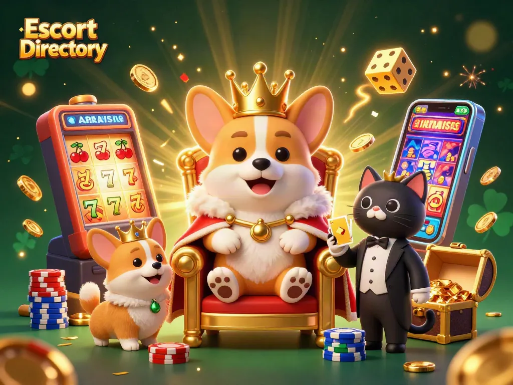 Engage with the vibrant Escort Directory scene featuring a royal corgi and lively casino elements.