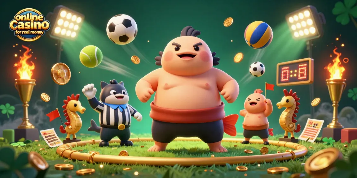 Visualize an engaging scene featuring a blowfish in a sumo belt as it competes in an online casino for real money, highlighted by sports balls and dynamic game elements.
