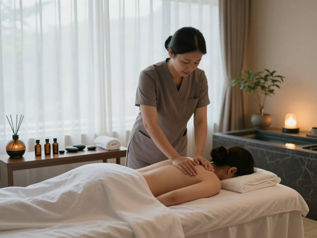 Experience a soothing 분당출장마사지 in a serene spa, with calming lights, essential oils, and a tranquil atmosphere.