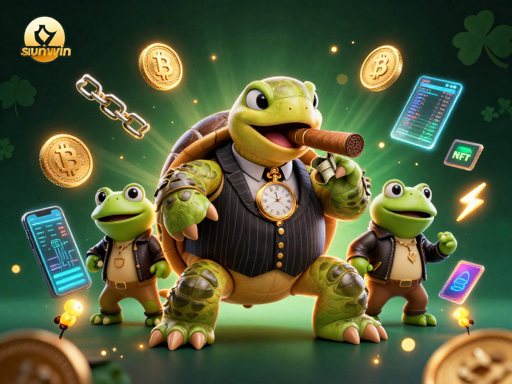 Engage with the thrilling sunwin casino ambience featuring a snapping turtle in a pinstripe suit, surrounded by glowing cryptocurrencies.