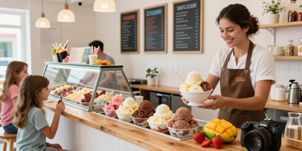 Enjoying rokok88 ice cream flavors at a vibrant parlor.