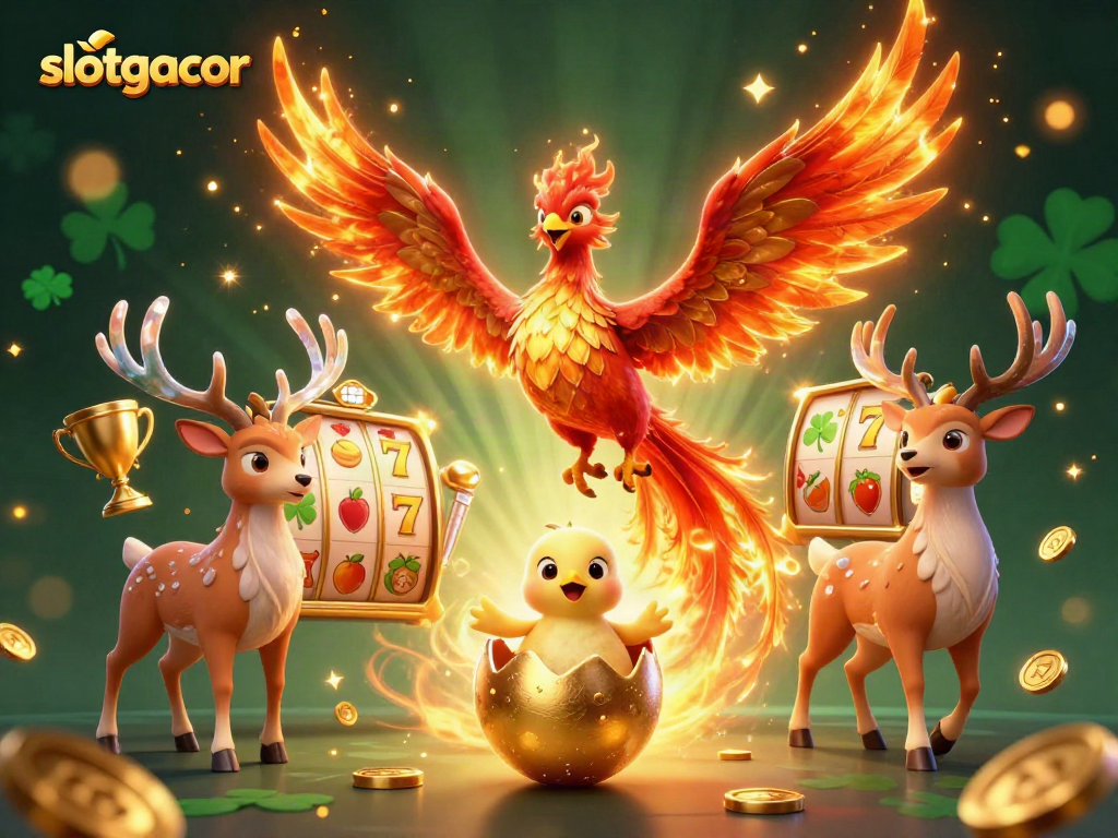 Engage in slotgacor excitement with a fiery phoenix scene full of dynamic casino elements.