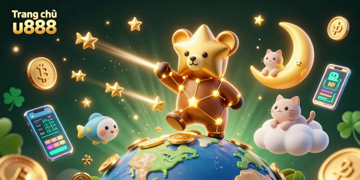 Engaging casino scene showcasing Trang chủ u888's constellation bear collecting coins amidst shimmering cryptocurrency.