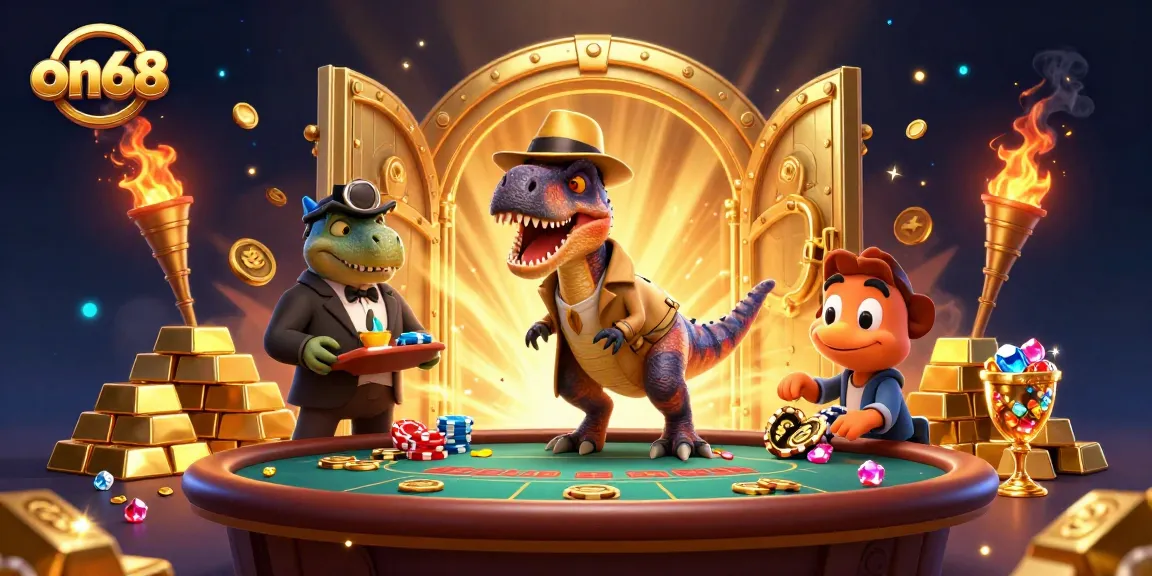 Experience thrilling gameplay at on68 with a velociraptor card counter and dinosaur pit boss at a vibrant blackjack table.